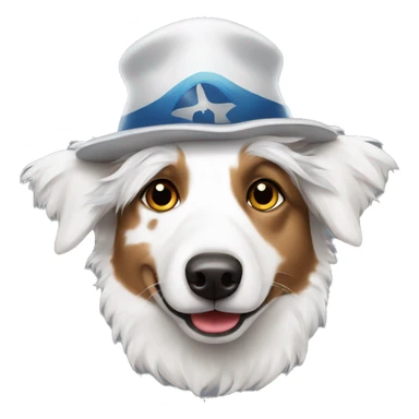 White australian shepherd wearing a propeller hat sticker