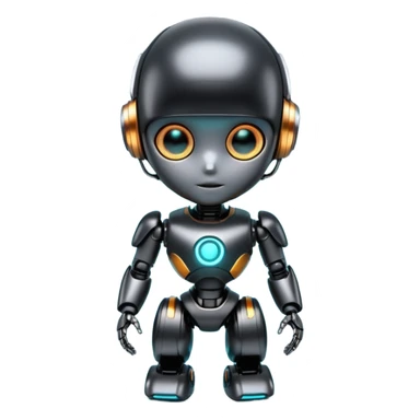 Cute futuristic chibi humanoid robot with large rounded head, glossy black and grey metal body, glowing cyan and amber eyes, visible joints, confident pose, white background, high-detail 3D render, add text on chest "LMX". sticker
