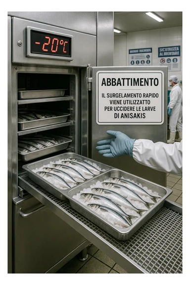 a fish processing facility where freshly caught fish are placed on trays and moved into a large industrial freezer. A temperature gauge shows -20°C, and an educational label explains that rapid freezing (abbattimento) is used to kill Anisakis larvae. The background includes workers in protective clothing and clear signage about food safety. in italiano sticker