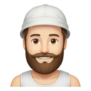 Alex Hormozi, white man with mid-long hair wearing a cap, big beard, smiling, white tank top sticker