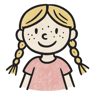 blonde girl, braided hair, freckled face, pink dress, hand drawn style sticker
