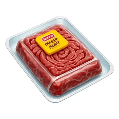 A 3D cartoon pack of minced meat wrapped in transparent plastic, supermarket-style packaging, top angleMemoji-style. sticker