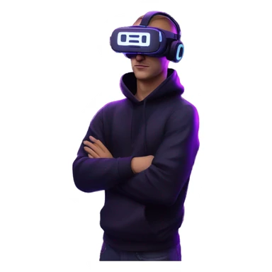 Russian man wearing a black hoodie with "OMG" letters on it and VR headset in a cyberpunk VR environment with violet neon lighting. sticker