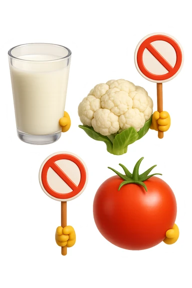 emoji stile iphone di un BICCHIERE DI LATTE CAVOLFIORE E POMODORO CHE FLUTTUANO IN ARIA VERTICALMENTE CON DIVIETI IN MANO, iperrealistico 4k, isolato su sfondo bianco sticker