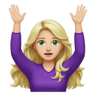 lady with long wavy blonde hair, purple top, green eyes, throwing her hands in the air crying sticker
