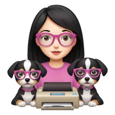 Una chica con pelo negro y lentes rosados con una impresora y dos perras una cajeta y la otra negra sticker