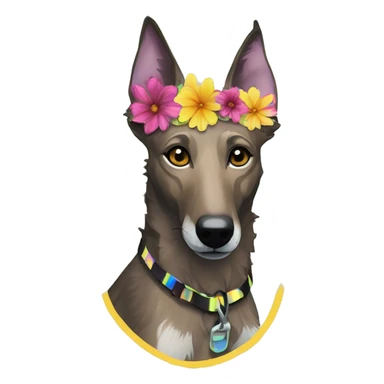  brindle brown black maroon striped lurcher Alsatian fox running blue eyes and iridescent holographic oilslick harness wearing paper iridescent tropical flower crown yellow caution tape sticker