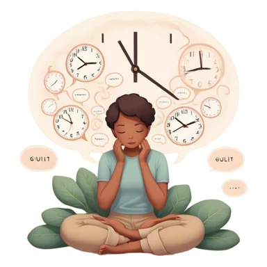 A person sits with their hands gently resting on their lap, eyes closed, exhaling slowly. Above them, a swirling thought bubble holds the words guilt and discomfort, but they don’t push it away—they just sit with it. In the background, a clock ticks softly, symbolizing the pause before responding. = sticker