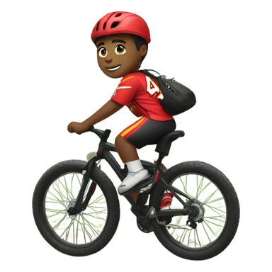 Light skinned boy in Kansas city chiefs fan clothes riding black mountain bike sticker