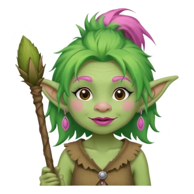 A green troll with green hair and brown and tan raggedy clothes on holding a brown stick with pink lipstick, long eyelashes and pink nails sticker
