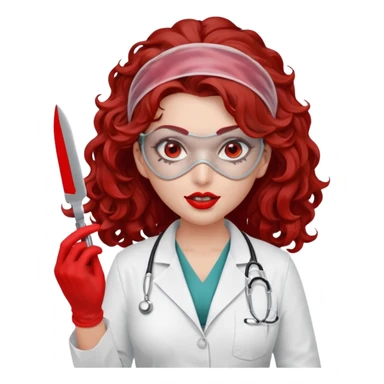 Scary woman scalpel in hand, evil surgeon sexy surgeon clothes.  She has red eyes. Her  brown long curly hair. Wears sexy doctor outfit with red gloves. make her hair free and brown but have mouthy  wear  mask  to hide. Wears white surgeon jacket and  face under a veil sticker