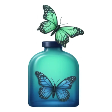 pastel green butterfly resting on an elegant blue perfume bottle with fork dark blue details. sticker