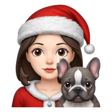 brunette woman with a dark grey French bulldog both wearing Santa sticker