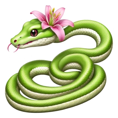 A cute light green and white snake with a pink lily flower on its head. sticker