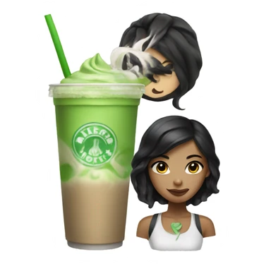 Girl with black hair and an iced matcha latte sticker