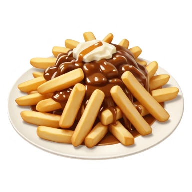 poutine, québec, white cheese curds with gravy on fries in a white plate sticker