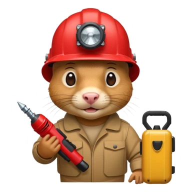a mole rat with drill, red helmet, headlamp sticker