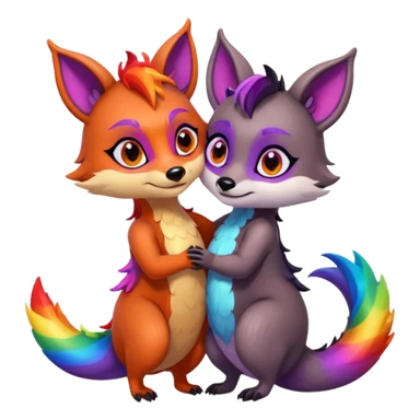 black female raccoon dragon hybrid with rainbow colored wings and purple eyes giving a big hug to a red female fox dragon hybrid with rainbow colored wings and orange eyes sticker