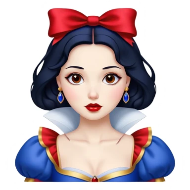 Cinematic Stunning Snow White Portrait Emoji, Fair skin glowing like porcelain, ruby-red lips, deep brown eyes full of kindness, raven hair framed by her iconic red bow, wearing her royal blue and gold gown, exuding timeless beauty and grace! sticker