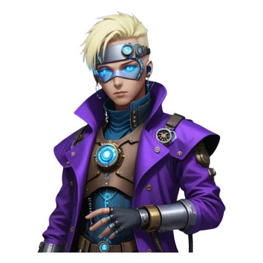 Cyberpunk City, Dr. Numen Oppen, a **tan-skinned cyber-steampunk visionary** with **piercing blue eyes** and **platinum-blond hair** infused with biomechanical enhancements. He wears a **refined steampunk coat** with brass and neon blue accents, layered with **cyberpunk tactical gear**. A sleek **purple-tinted visor** enhances his gaze, and a **glowing energy core** pulses at his chest. In the neon-drenched cityscape, he exhales **cyber-vapor from an ornate smoking pipe**, lost in deep thought. sticker