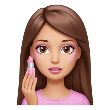 Barbie girl a brown long Straight hair and brown eyes is In pale pink smears by hand cosmetic cream on her face sticker