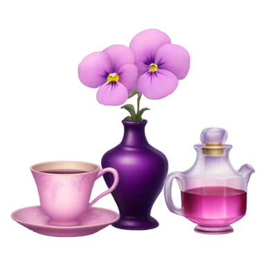 A cozy aesthetic: a dark purple candle in a glass jar, pink pansies, a violet vintage perfume bottle, and a pink cup of steaming tea. sticker