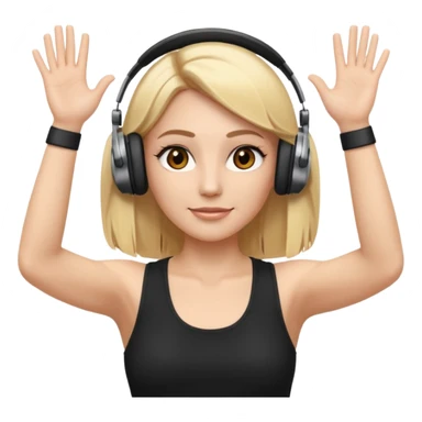 I want a white female dj animated gif emoji with long straight centre parting blonde hair, brown eye brows and putting hands up in the air. Wearing a black tight top with no sleeve. Also wearing DJ headphones  sticker