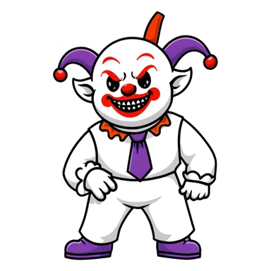 full-body demonic clown in a white leisure suit with bellbottom pants, bald, with black ram horns, flashy belt, ruffled shirt, no neck tie, large fangs in mouth sticker