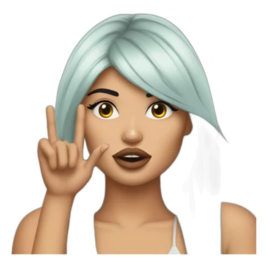 Kylie Jenner with hair to her arms wondering and holding her finger on her lips sticker