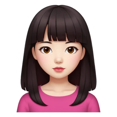 Korean girl, red top, black brown hair, brown eyes, long hair, cool girl, aesthetic, long hair, hime cut, blunt bangs, pink lips, pink cheek sticker