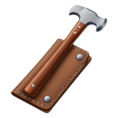 Leatherworking icon, leather piece with visible stitching, hammer and chisel, leather tools, textured surface, minimalistic style, clean lines, transparent background. sticker