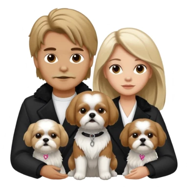 A couple boy with nice hair  and beautiful girl with long dark blond hair and with two shih tzu dogs with  black and white coat sticker