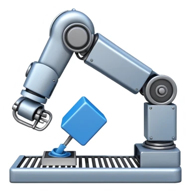 robot arm which is picking blue block on conveyor belt sticker