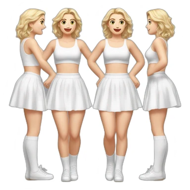 Hyperrealistic Full body Caucasian curvy beauty jumping short white skirt back and front views strong wind knickers long white socks sticker