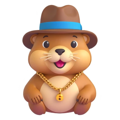 3D emoji style beaver dressed as a gangster, with a fedora hat, gold chain, and confident expression sticker