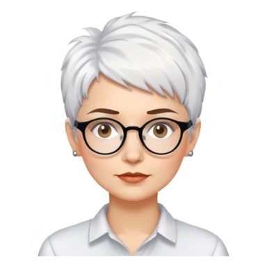 White woman with short pixie messy white hair social scientist glasses brown brows sticker