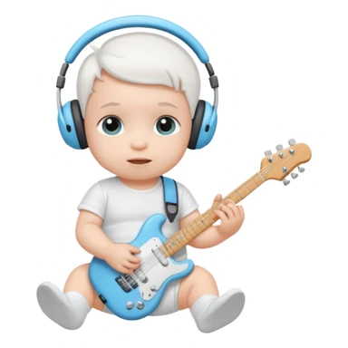 a cute baby in a white diaper and air pod maxes playing a baby blue electric guitar sticker