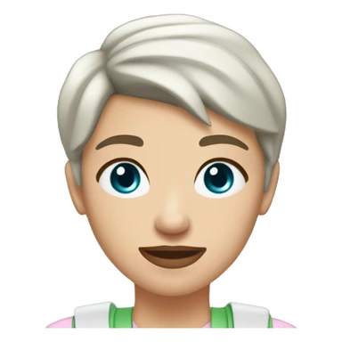 A brunette girl with a pixie cut, she has light pink lips, is white, and has hazel blue eyes. she wears a light green shirt, a white vest over, and a light red choker. She is a field medic sticker