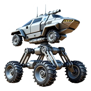 Futuristic jumping four-legged armored canine sporty self-balancing massive mech trail assault vehicle motor-in-wheel side-hill leaning actively robotically articulating hydraulic independent suspended pod gimbal defender antique off-road racing rover with large fast engine basher crawler megatron  sticker