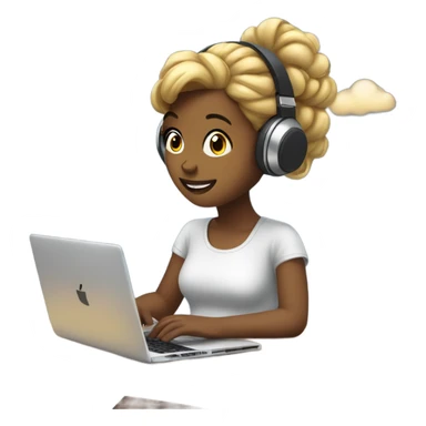 a girl with laptop with a bun hair, headphone, clouds and light bulbs in background sticker