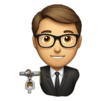 brown-short-haired classy man wearing glasses, struggling to fit a key into a wooden door-lock sticker