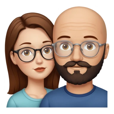 Couple. Bald man with dark brown-black beard. White woman with many small, faded freckles, she has white skin and she has auburn-brown-cinnamon, dark long hair. She has light brown eyes. The man have hazel eyes and glasses. She don’t wear glasses. Retro style. She kisses him. sticker