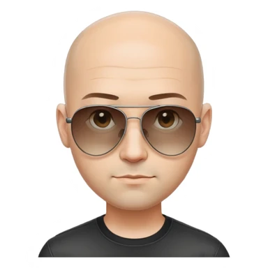 Oval-faced man with large forehead, aviator sunglasses with metal frame, extremely short dark hair with completely bald sides (skin fade), light tan skin, friendly neutral expression, black shirt sticker