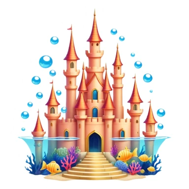 Ariel's underwater castle from The Little Mermaid, golden spires, colorful coral, seashell architecture, bubbles sticker