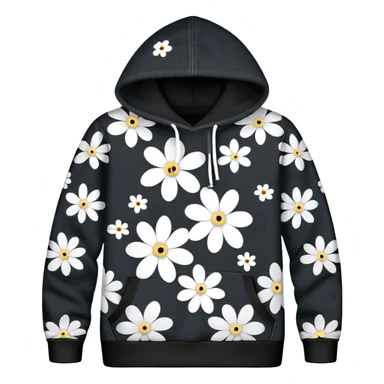 The BLACK Denim Tears Hoodie features a black base with distinctive white and black  open flower spots with empty space in the middle, These hollow ring-like patterns are scattered across. BLACK AND WHITE FLOWERS sticker