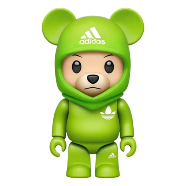 bearbrick toy with cubic design, wearing a lime green balaclava with Adidas trefoil logo, clear aggressive eyebrows, proper bear figure sticker