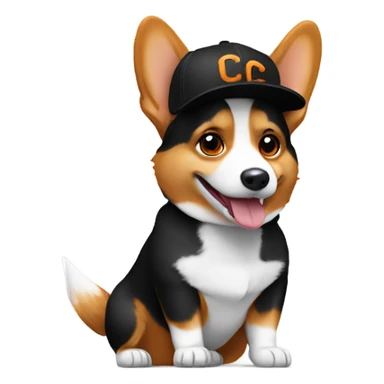 corgi wearing a black baseball hat with a small orange square with white letters "YC" logo sticker