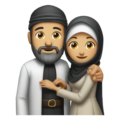 a man with a topi and beard, with a woman with a hijab, and they are getting married putting a ring on each others ha sticker