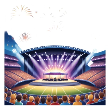 An icon showing a stadium stage with a concert in full swing, bright stage lights illuminating the performers, and fireworks bursting in the sky. The excitement of the crowd is palpable, symbolizing a love for live music and unforgettable shows. transparent background. sticker