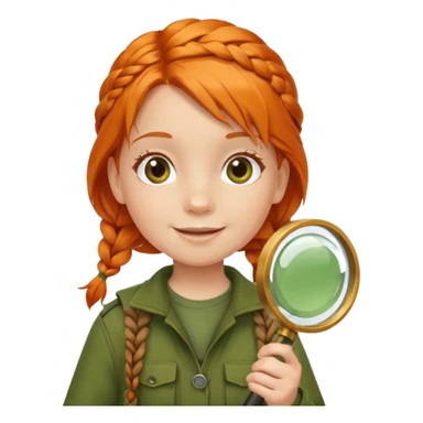 braid orange haired girl kid in moss green explorer outfit, holding magnifying glass, smile sticker